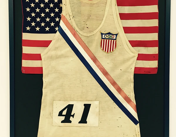 Jersey, flag and number from the silver medal winner for track in the 1948 Olympics