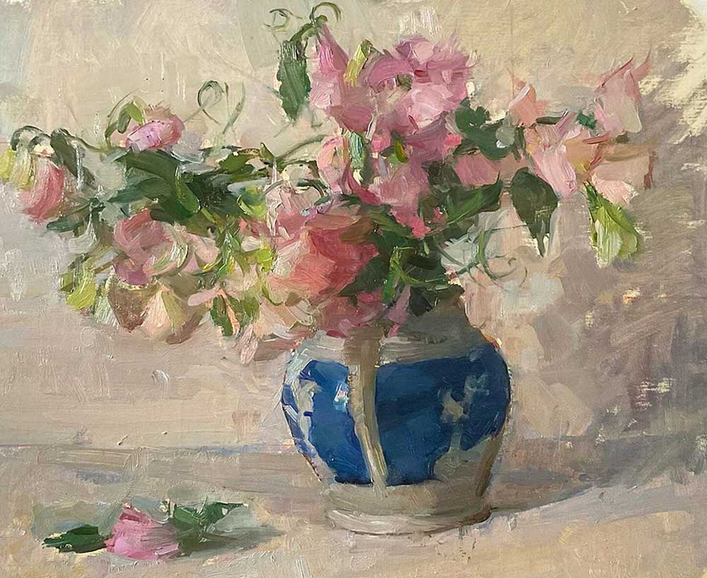 Sweet Peas in Blue Jug