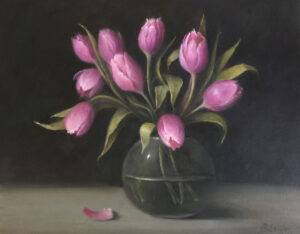 Pink Tulips in Glass Vase By Patt Baldino