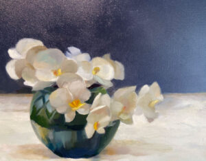 White Orchids in Green Vase By Murray Smith