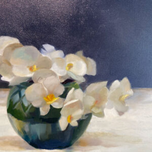 White Orchids in Green Vase By Murray Smith