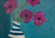 Purple Wildflowers in Striped Vase By Mallory Wiedemann