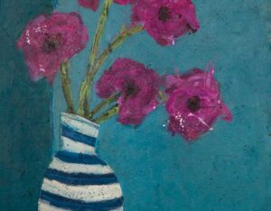 Purple Wildflowers in Striped Vase By Mallory Wiedemann
