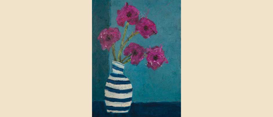 Purple Wildflowers in Striped Vase By Mallory Wiedemann